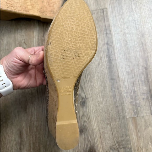 Stuart Weitzman • Anna Metallic Peep Toe Cork Platform Wedge Heels - Picture 10 of 15